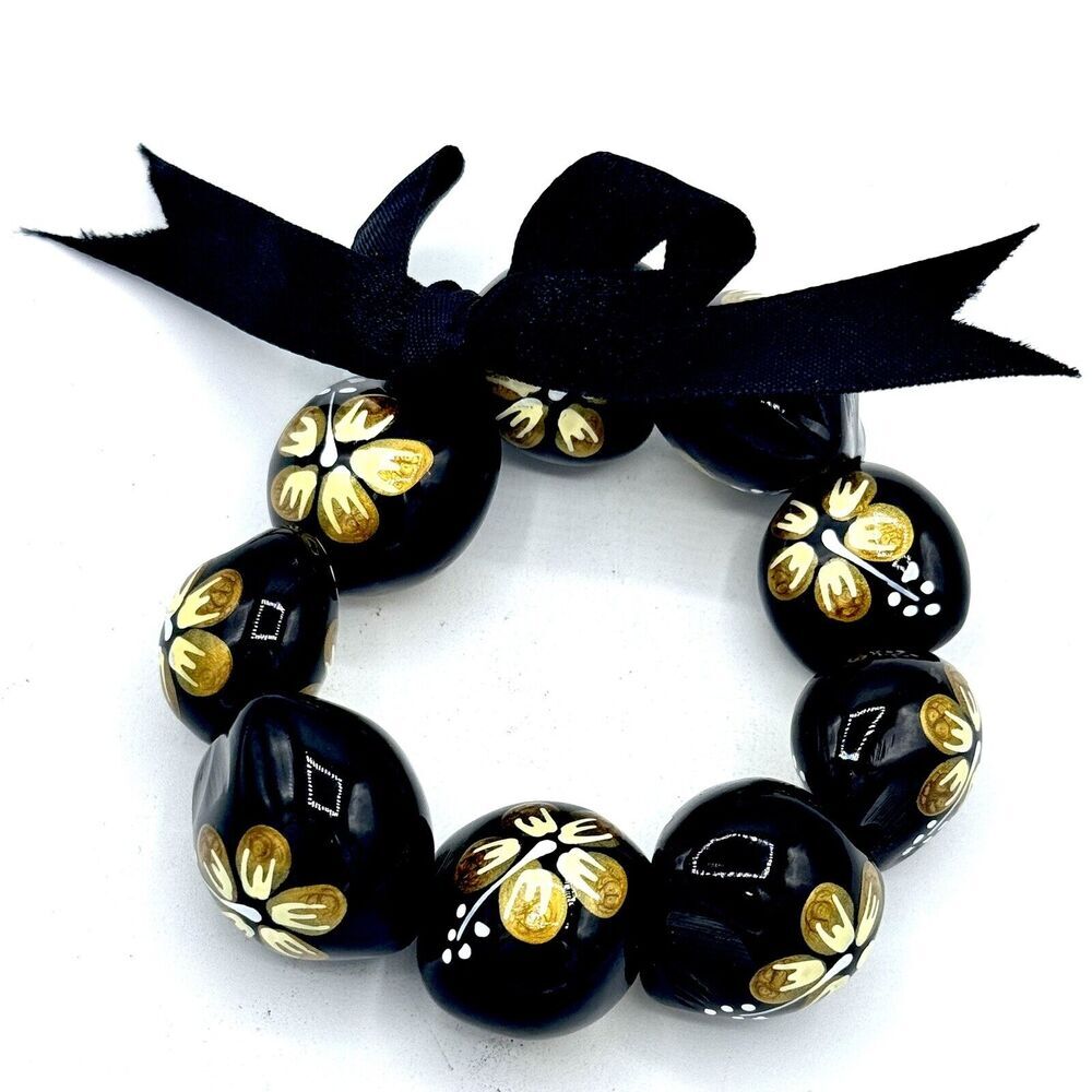 Handpainted Hawaiian Kukui Nut Stretch‎ Bracelet Yellow Hibiscus